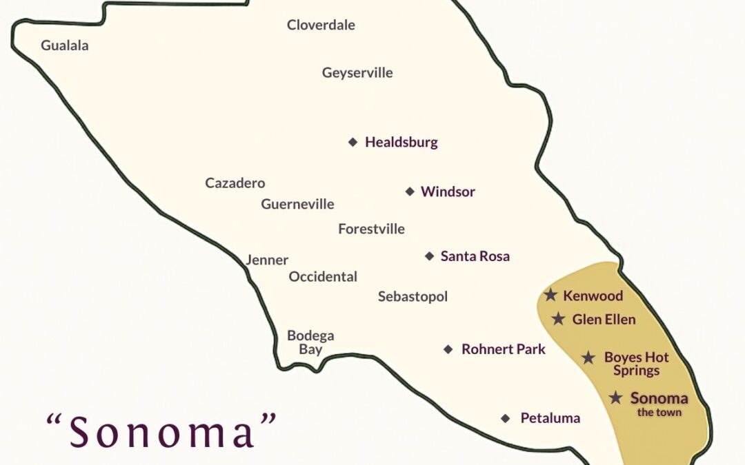 Map of Sonoma County showing Sonoma Valley in gold with labeled towns and Platypus Wine Tours pickup locations.