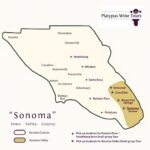 Map of Sonoma County showing Sonoma Valley in gold with labeled towns and Platypus Wine Tours pickup locations.