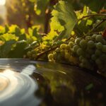 A vinyl record catching the late-afternoon light beside a cluster of green grapes on the vine in a Napa Valley vineyard — a nod to the timeless connection between music and wine.