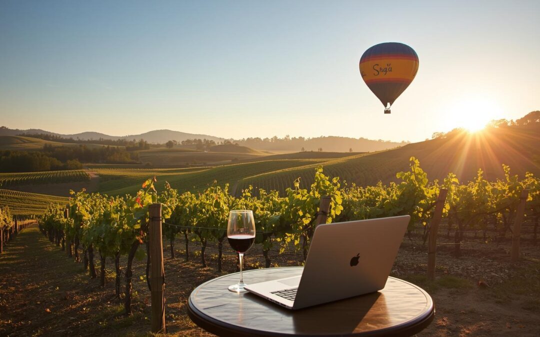 Laptop and glass of red wine on a small outdoor table overlooking Napa Valley vineyards at sunrise, with a hot air balloon floating above rolling hills.
