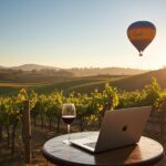 Laptop and glass of red wine on a small outdoor table overlooking Napa Valley vineyards at sunrise, with a hot air balloon floating above rolling hills.
