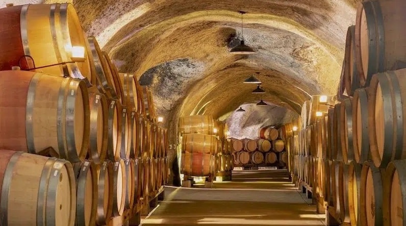 wine barrels stacked inside wine cave