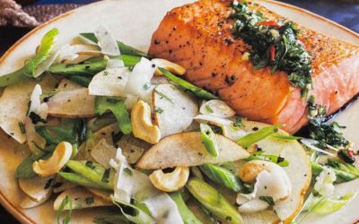 Salmon with Cilantro-Lime Topping + Pear & Nut Salad