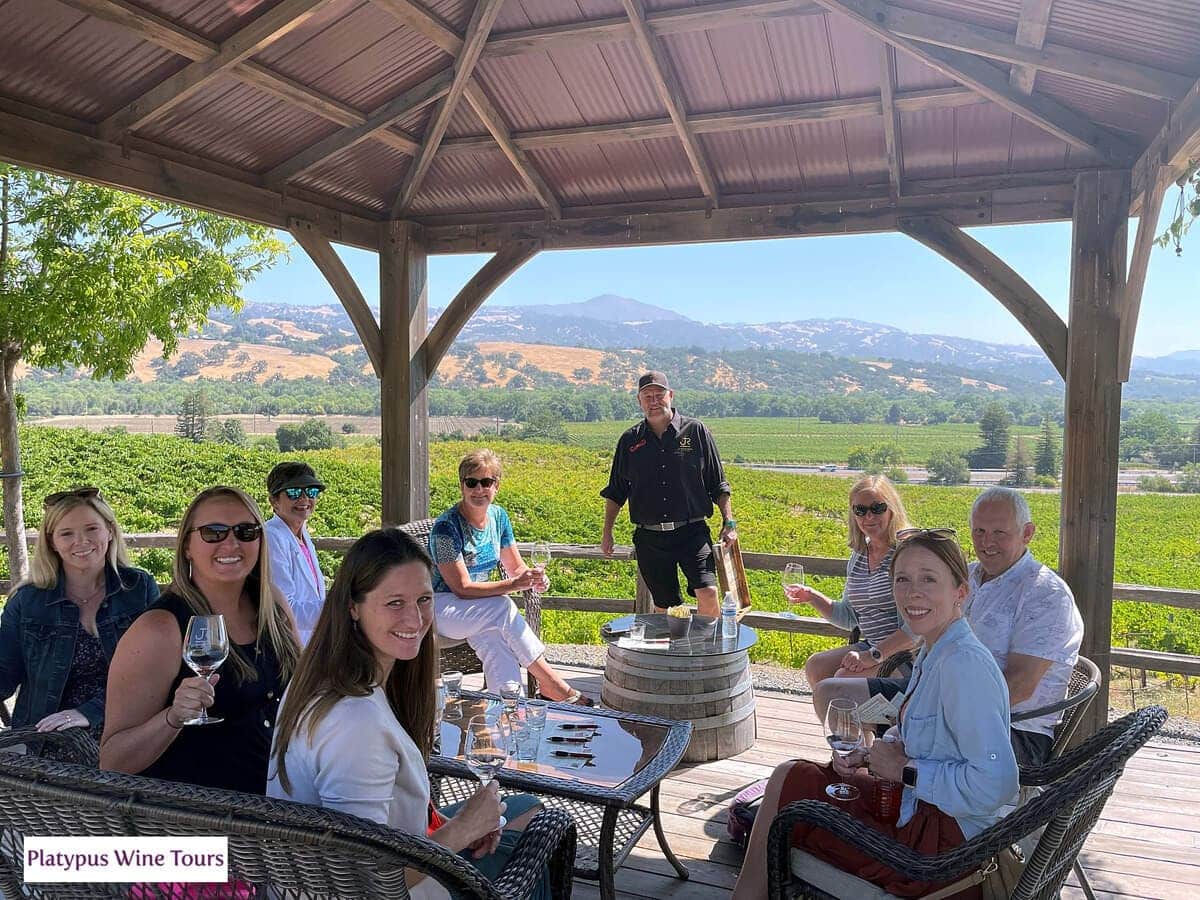 group of people sitting around wine tasting overlooking vineyards