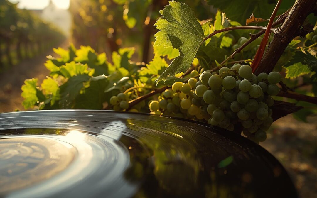 A vinyl record catching the late-afternoon light beside a cluster of green grapes on the vine in a Napa Valley vineyard — a nod to the timeless connection between music and wine.