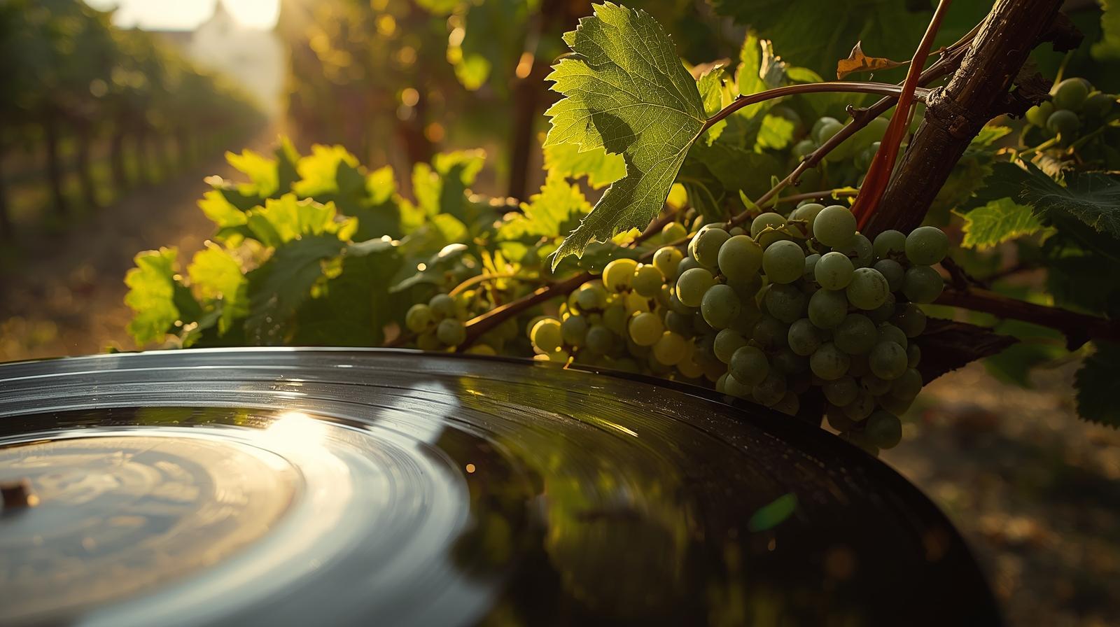 A vinyl record catching the late-afternoon light beside a cluster of green grapes on the vine in a Napa Valley vineyard — a nod to the timeless connection between music and wine.