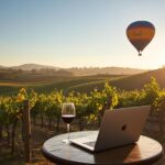 Laptop and glass of red wine on a small outdoor table overlooking Napa Valley vineyards at sunrise, with a hot air balloon floating above rolling hills.