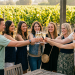 A group of friends raises glasses of sparkling wine for a toast on a winery patio overlooking sunlit vineyard rows in Napa Valley or Sonoma Wine Country.