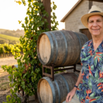 Andy Hyman, a smiling Platypus Wine Tours guide, stands beside stacked wine barrels outside a boutique winery overlooking sunlit vineyards in Napa Valley or Sonoma. Wearing a floral Hawaiian shirt and a straw hat, he welcomes guests against a scenic wine country backdrop at golden hour.