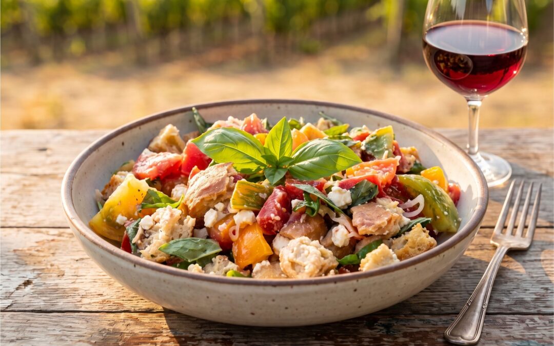 Heirloom tomato panzanella with ciabatta, feta, shallots and fresh basil, served with a glass of Pinot Noir in wine country.