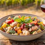 Heirloom tomato panzanella with ciabatta, feta, shallots and fresh basil, served with a glass of Pinot Noir in wine country.