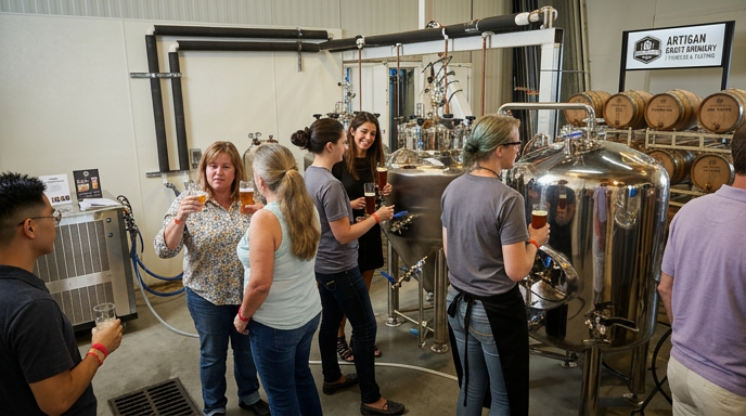 Private tour guests learning about craft beer production inside a brewery surrounded by brewing equipment.